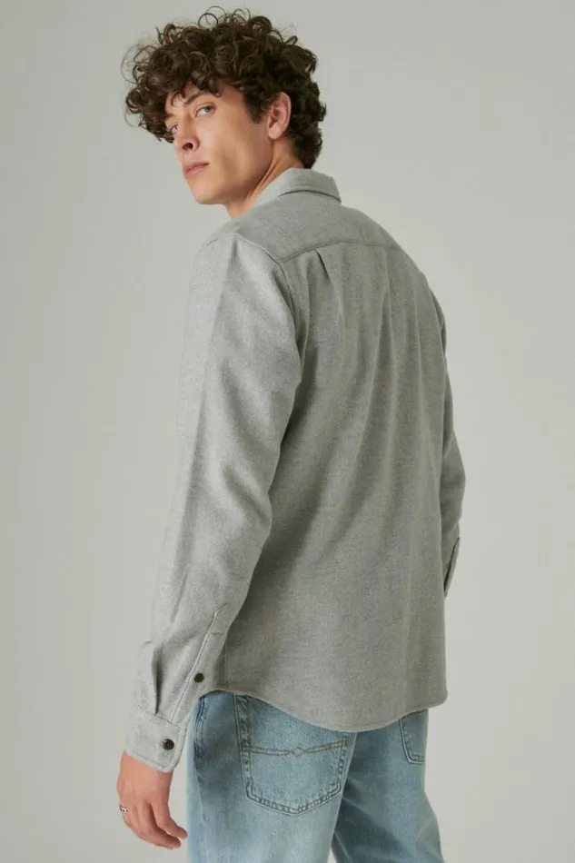 Men Lucky Brand ButtonDowns Solid Utility Cloud Soft Long Sleeve Flannel Grey Heather