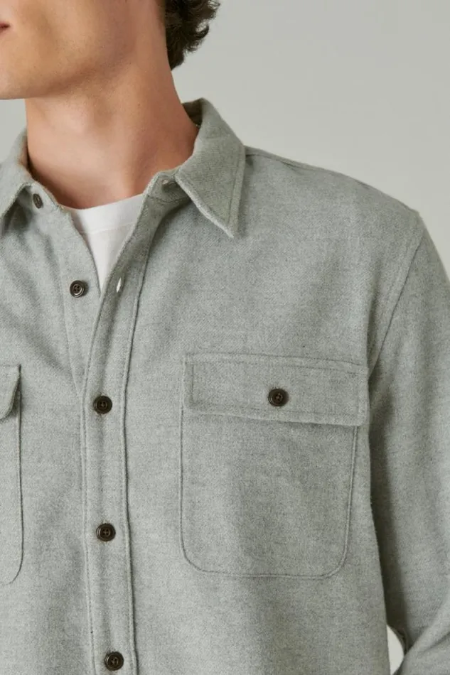 Men Lucky Brand ButtonDowns Solid Utility Cloud Soft Long Sleeve Flannel Grey Heather