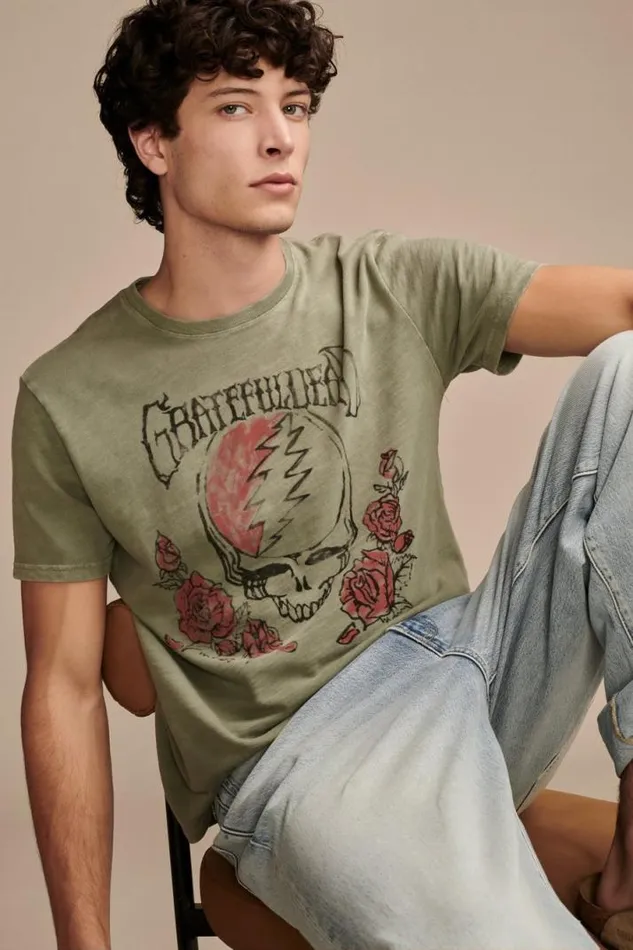Men Lucky Brand Graphic Tees Grateful Dead Rose Oil Green
