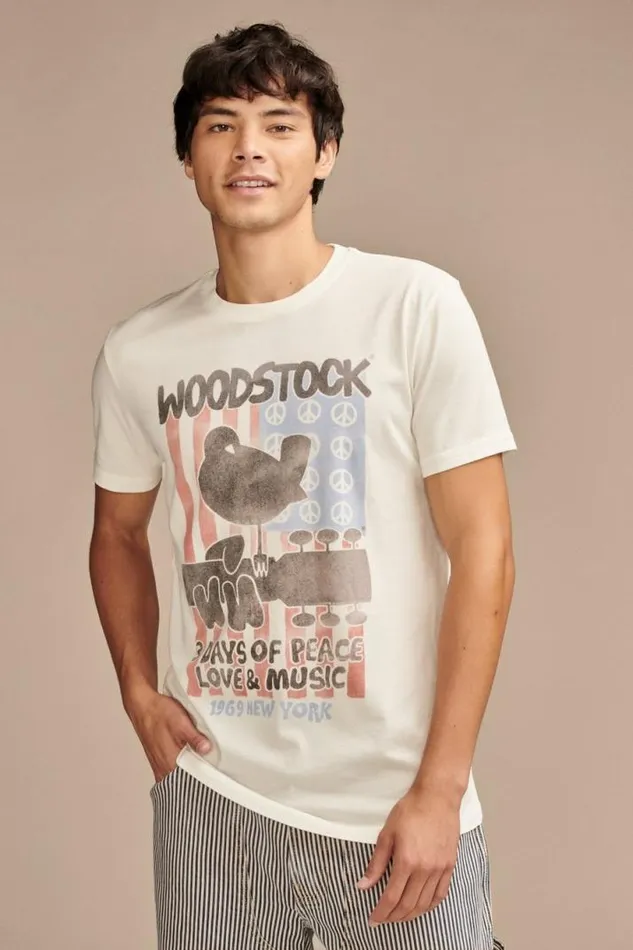 Men Lucky Brand Graphic Tees Woodstock Flag Marshmallow