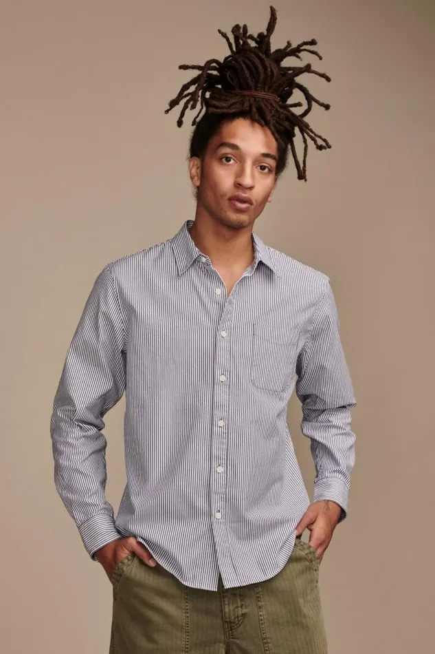Men Lucky Brand Suit Separates Striped One Pocket Long Sleeve Shirt Blue Stripe