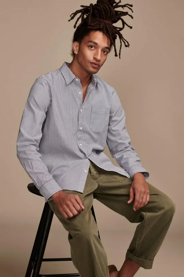 Men Lucky Brand Suit Separates Striped One Pocket Long Sleeve Shirt Blue Stripe