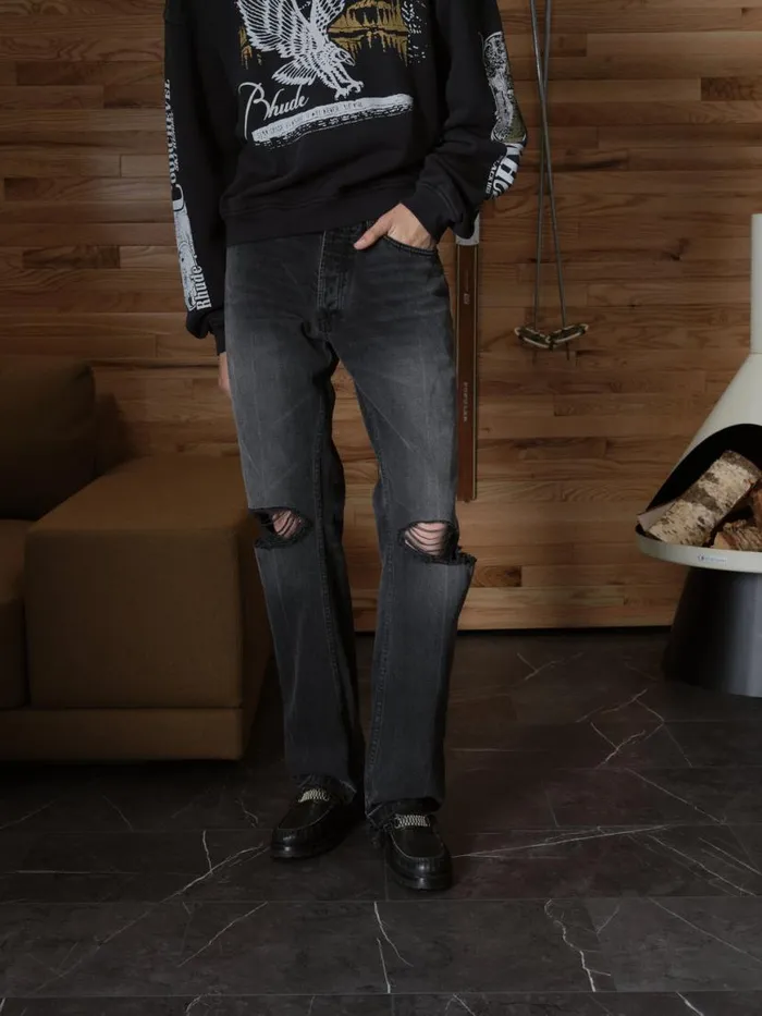 Men Rhude Pants BEACH BUM DENIM Black Men Rhude Pants BEACH BUM DENIM Black