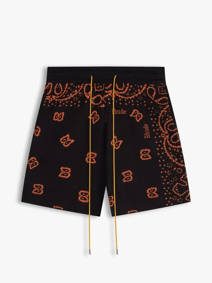 Men Rhude Shorts KNIT BANDANA SHORTS Blackorange