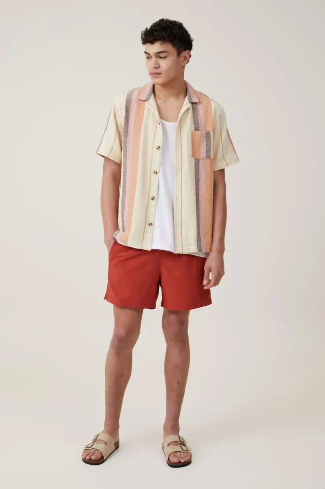Men Shirts and Polos Cotton On Palma Short Sleeve Shirt Rust Stripe