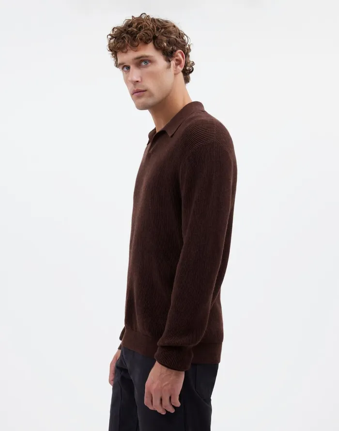 Men Shirts Madewell JohnnyCollar Sweater Polo Shirt In Merino Wool Hthr Chocolate
