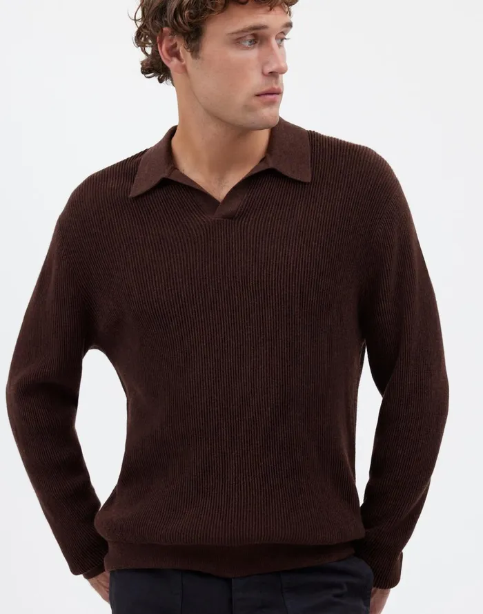 Men Shirts Madewell JohnnyCollar Sweater Polo Shirt In Merino Wool Hthr Chocolate