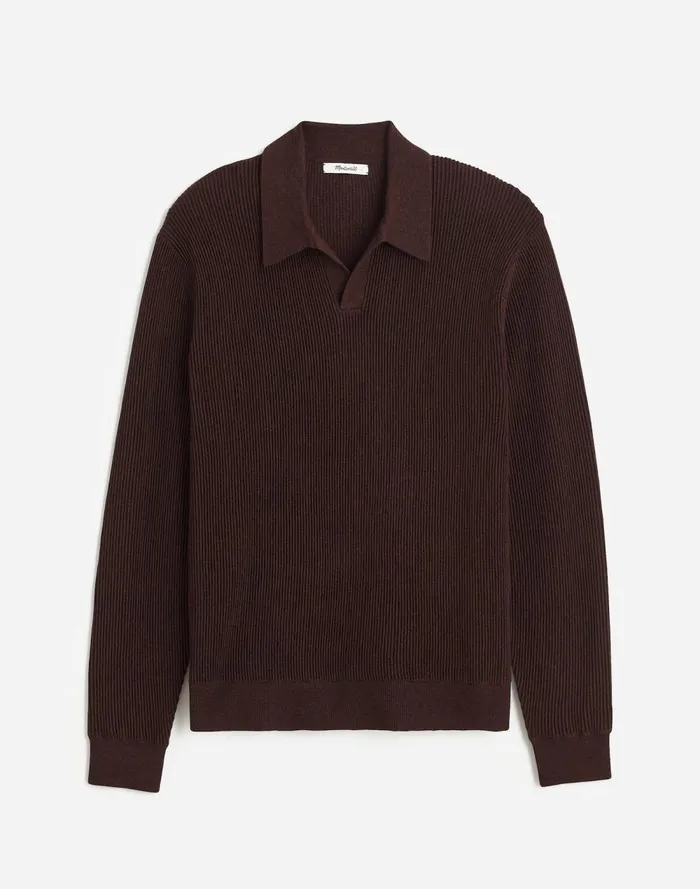 Men Shirts Madewell JohnnyCollar Sweater Polo Shirt In Merino Wool Hthr Chocolate