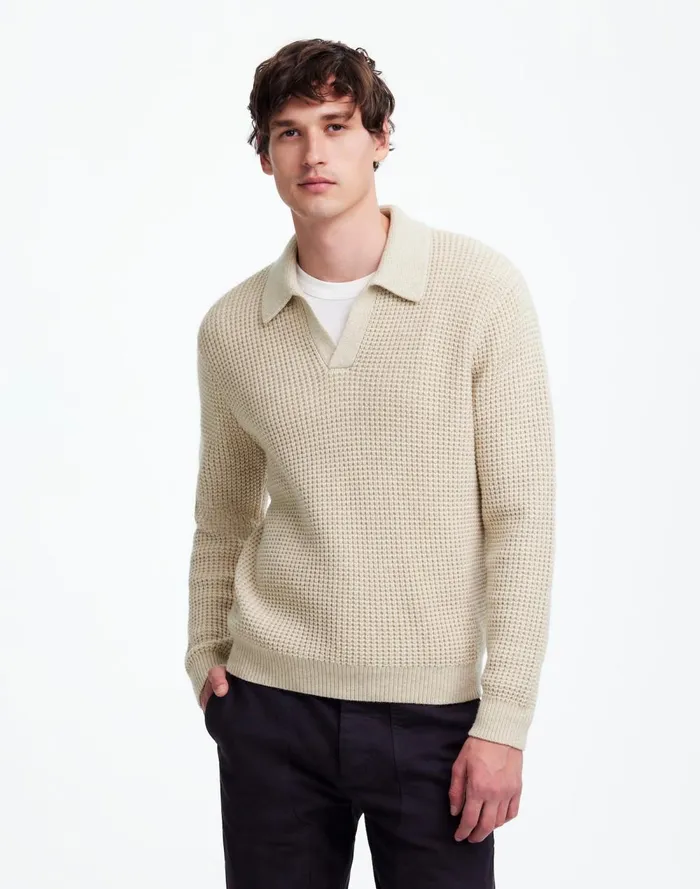 Men Shirts Madewell JohnnyCollar Sweater Polo Shirt In Waffle Knit Heather Light Sand