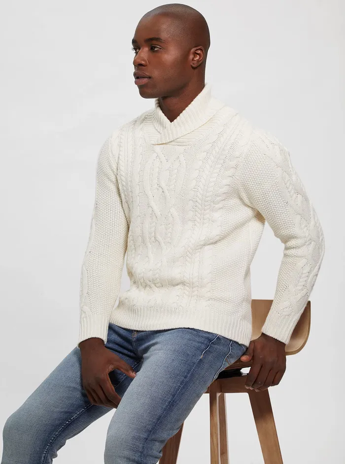 Men Sweaters and Knits GUESS Cream Kyle Cable Knit Jumper