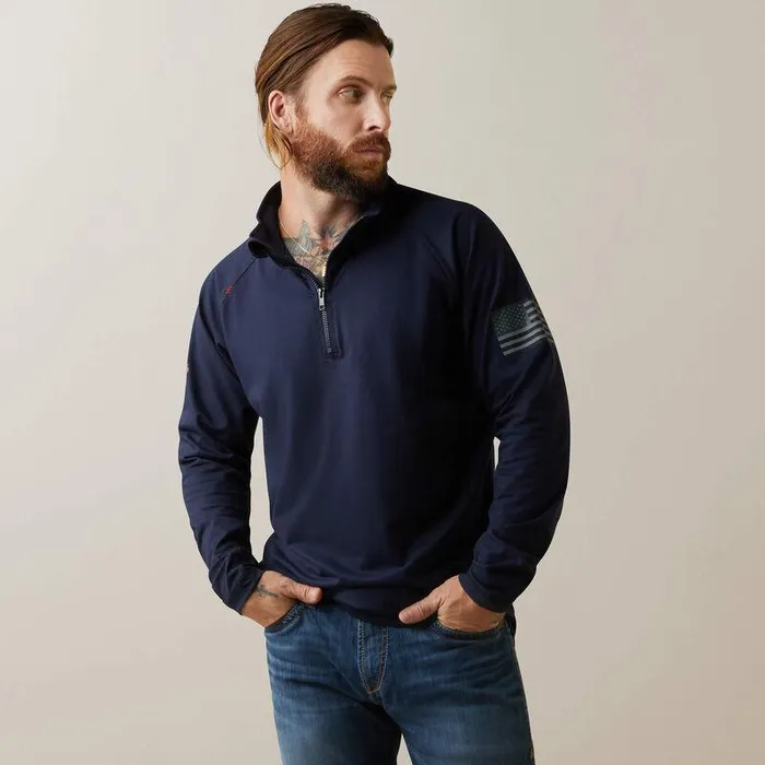 Men Workwear Ariat FR Combat Stretch Patriot 14 Zip Work Shirt Navy