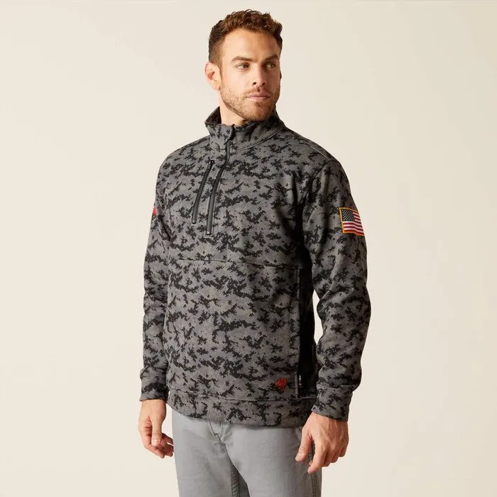 Men Workwear Ariat FR Durastrech Fleece 12 Zip Job Shirt Charcoal Digi Camo