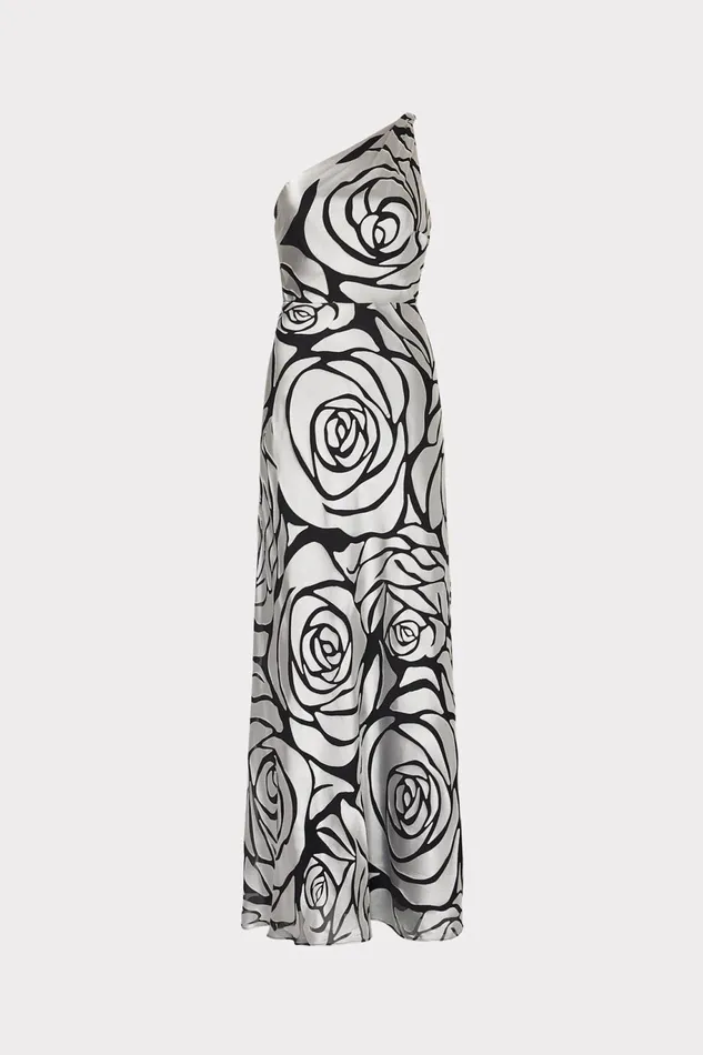 Milly Isley One Shoulder Rose Chiffon Devore Dress Silverblack Women Dresses
