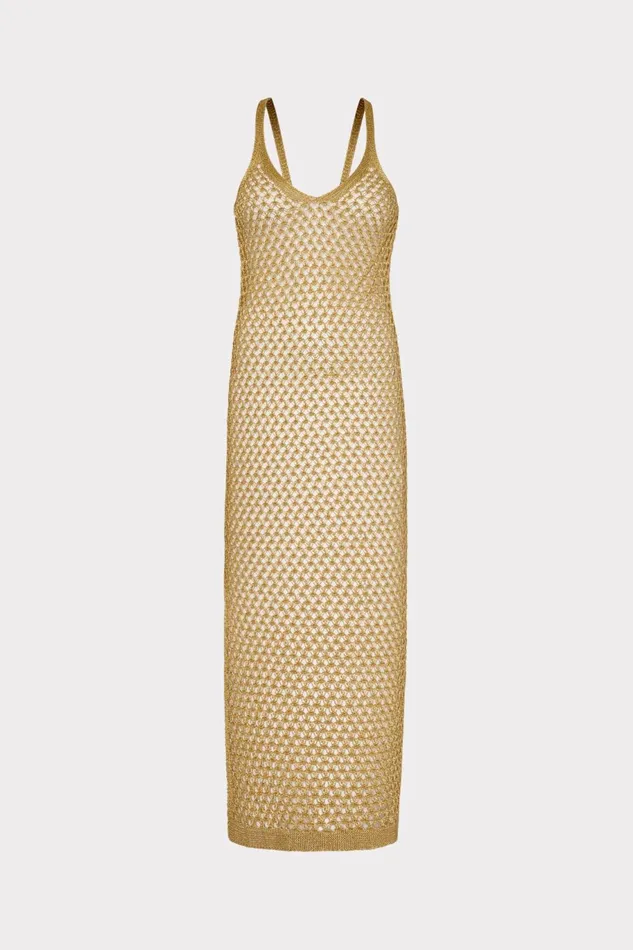 Milly Metallic Mesh V Neck Midi CoverUp Dress Gold Women CoverUps