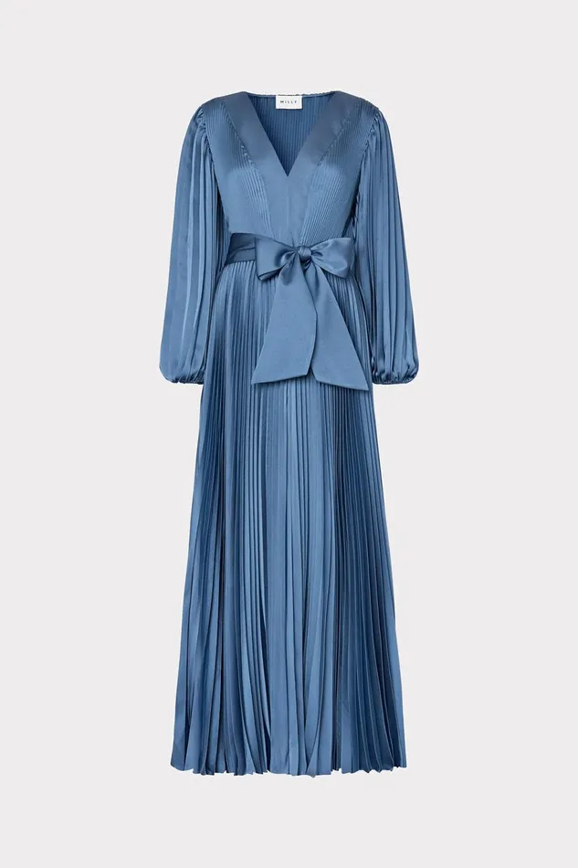 Milly Nadie Pleated Satin Maxi Dress Stone Women Dresses