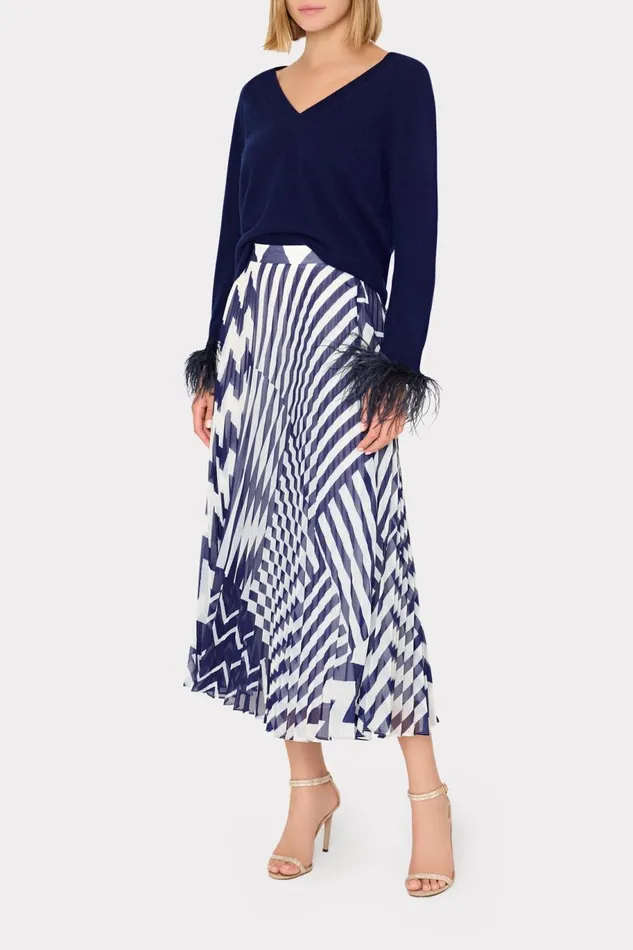 Milly Otha Patchwork Chevron Pleated Skirt Bluewhite Women Skirts