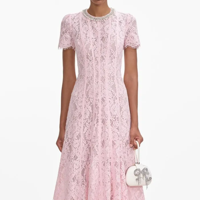 Pink Lace Embellished Midi Dress Women Self Portrait Dresses Pink Lace Embellished Midi Dress Women Self Portrait Dresses