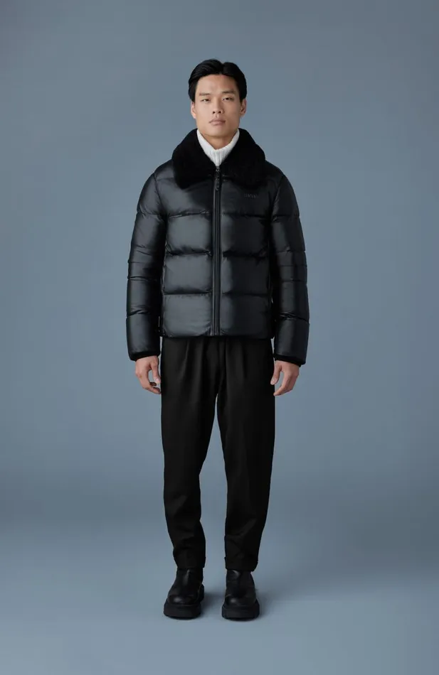 Puffer Men Mackage KYRIE Leather Down Quilted Jacket With Shearling Collar Black Puffer Men Mackage KYRIE Leather Down Quilted Jacket With Shearling Collar Black