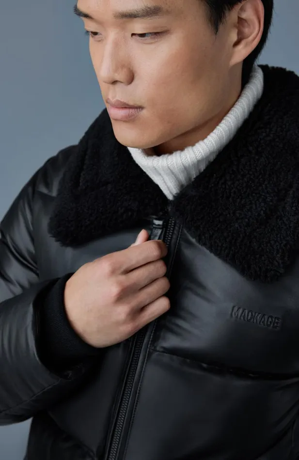 Puffer Men Mackage KYRIE Leather Down Quilted Jacket With Shearling Collar Black Puffer Men Mackage KYRIE Leather Down Quilted Jacket With Shearling Collar Black
