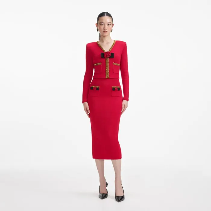 Red Textured Knit Corsage Cardigan Women Self Portrait Tops