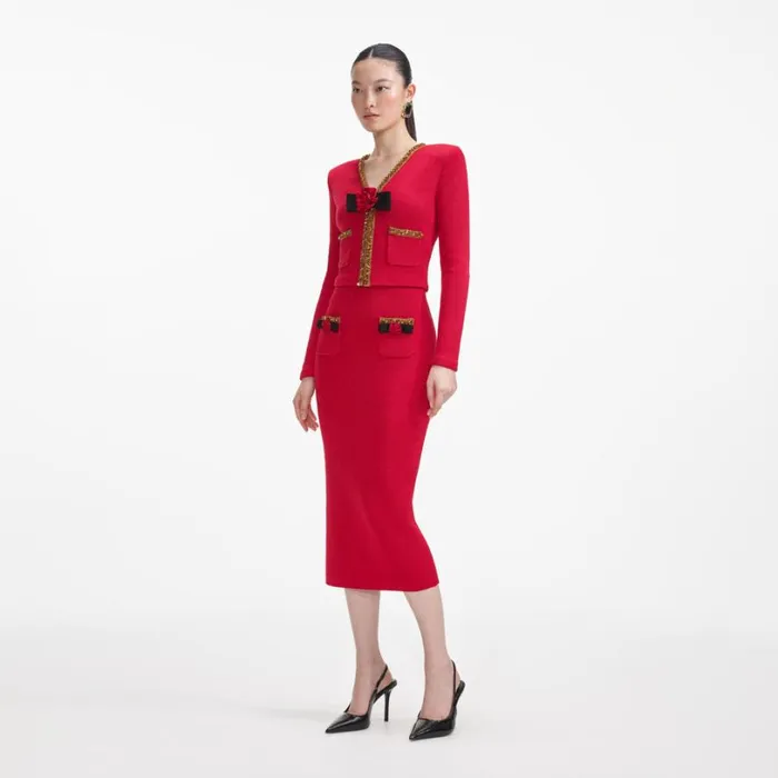 Red Textured Knit Corsage Cardigan Women Self Portrait Tops