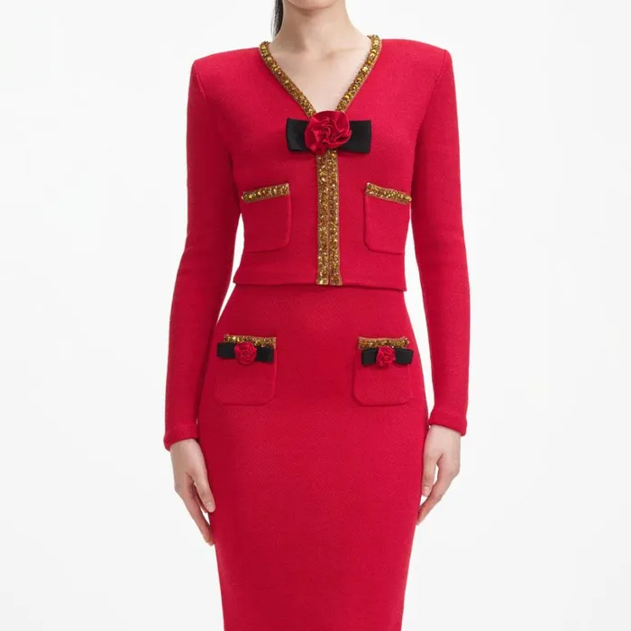 Red Textured Knit Corsage Cardigan Women Self Portrait Tops