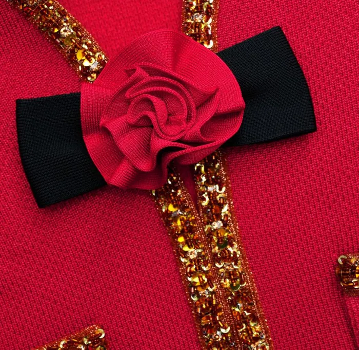 Red Textured Knit Corsage Cardigan Women Self Portrait Tops