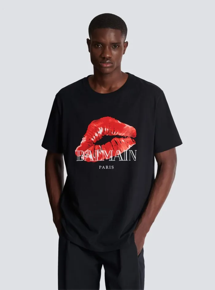 Relaxed Tshirt With Kiss Print Black Men Balmain TShirts