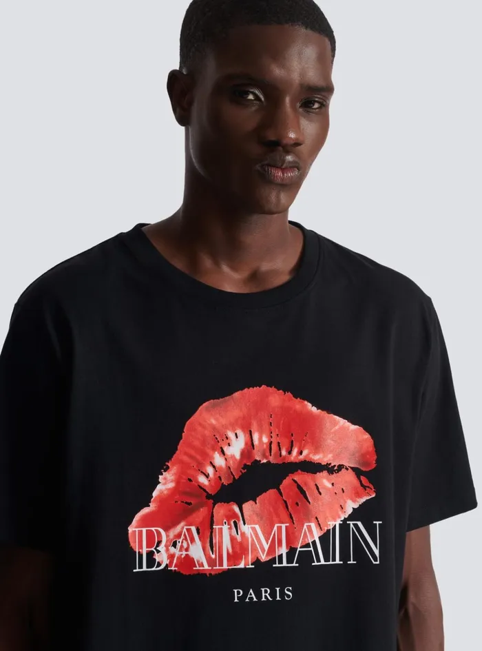 Relaxed Tshirt With Kiss Print Black Men Balmain TShirts