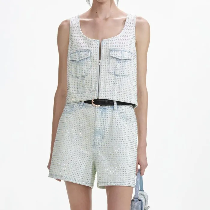 Rhinestone Denim Shorts Women Self Portrait Denim Rhinestone Denim Shorts Women Self Portrait Denim