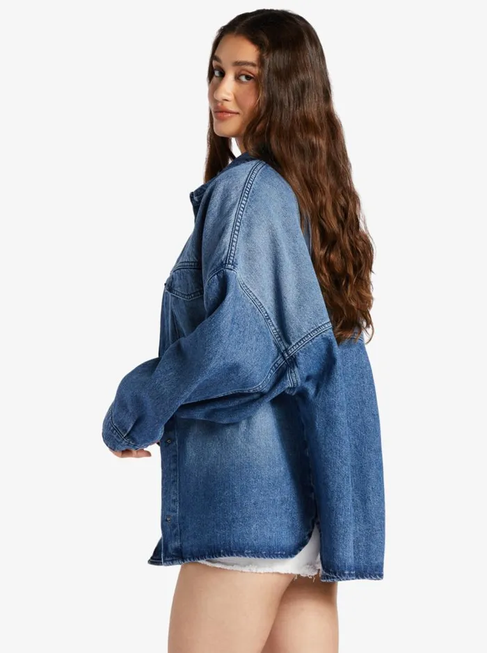 Roxy Fleece and Hoodies Main Character Denim Jacket Medium Blue 8211 Women Roxy Fleece and Hoodies Main Character Denim Jacket Medium Blue 8211 Women