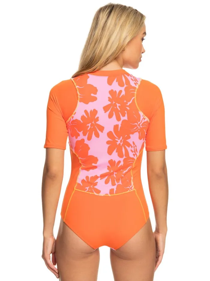 Roxy One Pieces SurfKindKate Short Sleeve OnePiece Swimsuit Pink Frosting My Kind Of Hibis 8211 Women