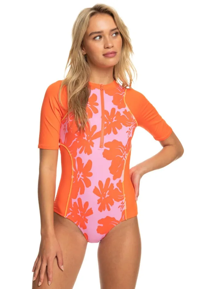 Roxy One Pieces SurfKindKate Short Sleeve OnePiece Swimsuit Pink Frosting My Kind Of Hibis 8211 Women