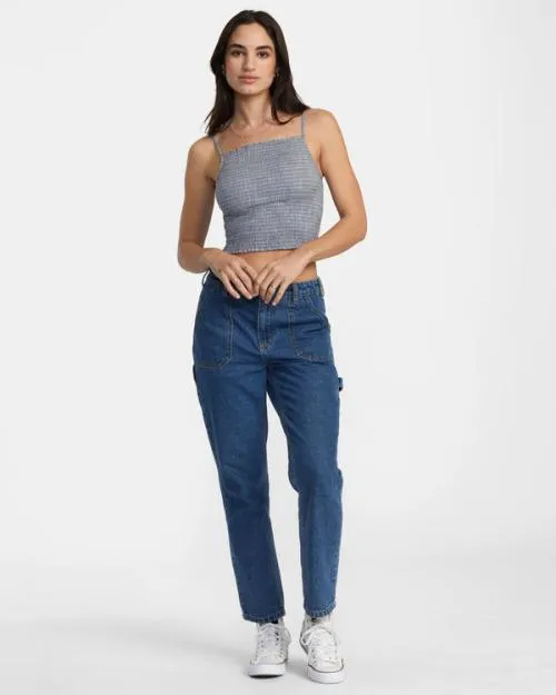 Rvca Houndstooth Revival Cropped Tank Top Blue Grey Women Tops