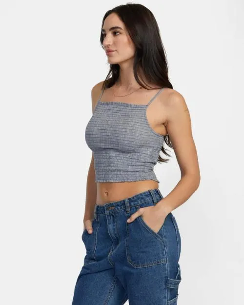 Rvca Houndstooth Revival Cropped Tank Top Blue Grey Women Tops
