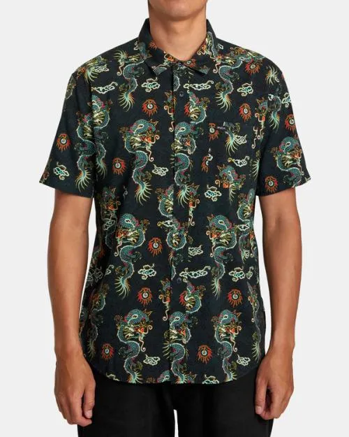 Rvca Neon Dragon Short Sleeve Shirt Black Men Shirts and Flannels