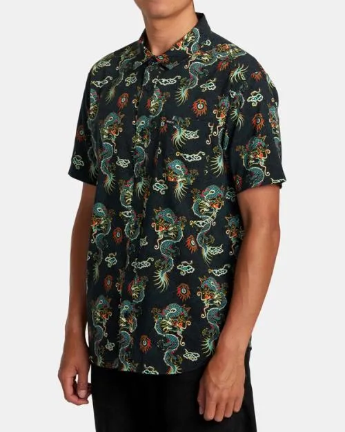 Rvca Neon Dragon Short Sleeve Shirt Black Men Shirts and Flannels