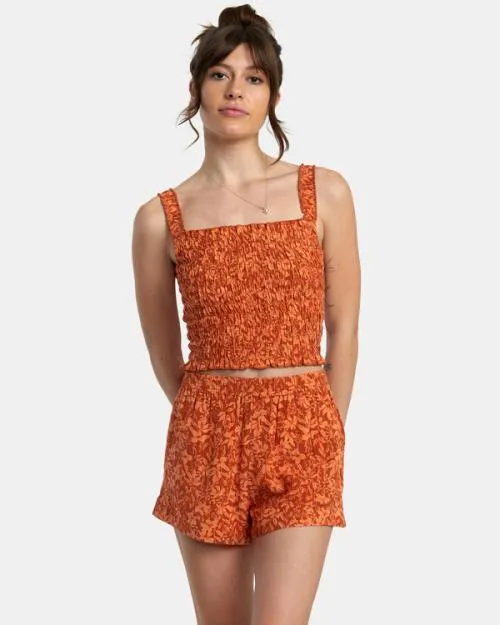 Rvca Sawyer Print Elastic Waist Shorts Sandlewood Women Shorts and Skirts
