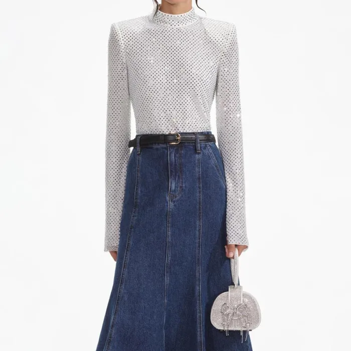 Silver Rhinestone Fishnet Top Women Self Portrait Tops Silver Rhinestone Fishnet Top Women Self Portrait Tops