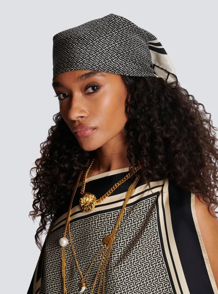 Square Silk Scarf With Monogram Print Black Women Balmain Scarves