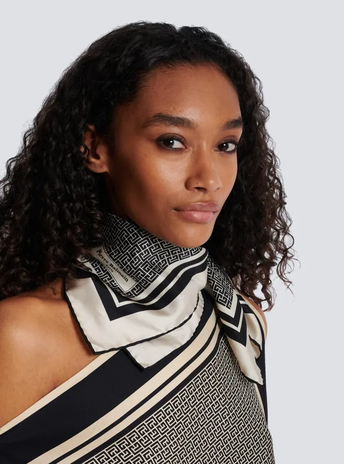 Square Silk Scarf With Monogram Print Black Women Balmain Scarves