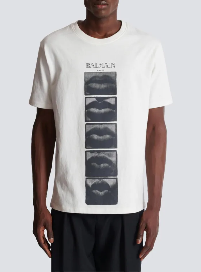 Tshirt With Vintage Lips Print White Men Balmain TShirts