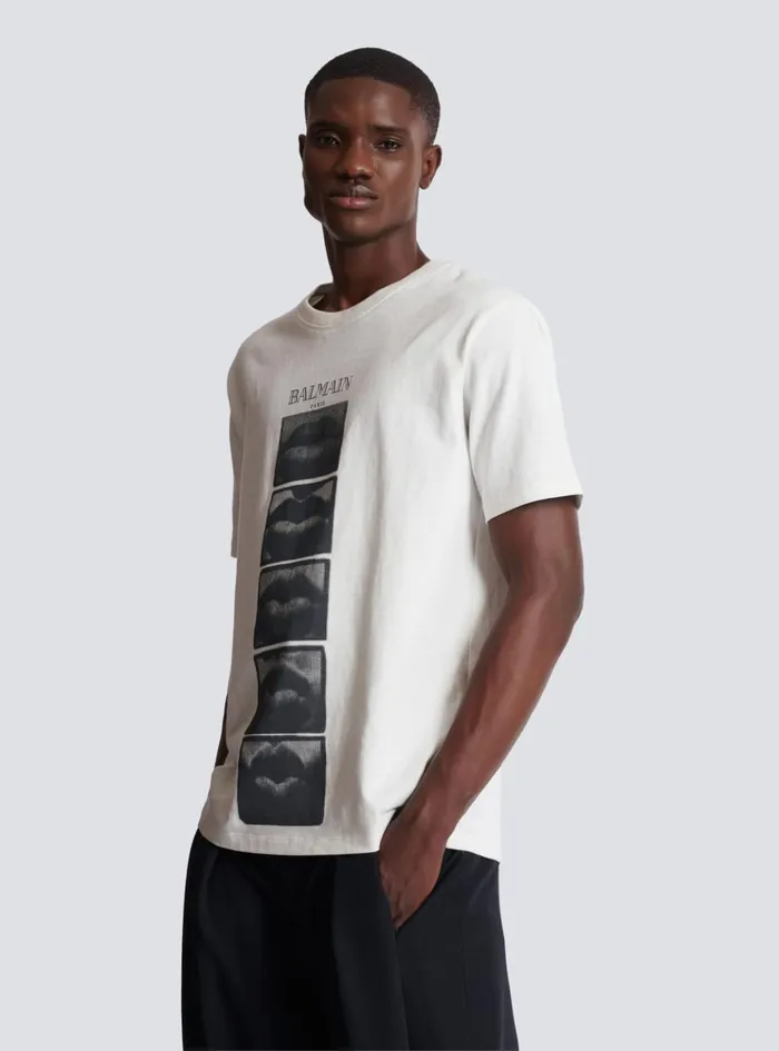 Tshirt With Vintage Lips Print White Men Balmain TShirts