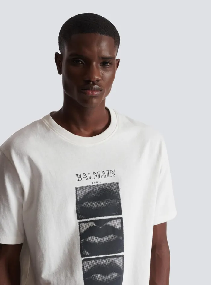 Tshirt With Vintage Lips Print White Men Balmain TShirts