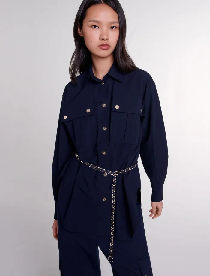 Tops and Shirts Women Maje Belted Long Shirt Navy