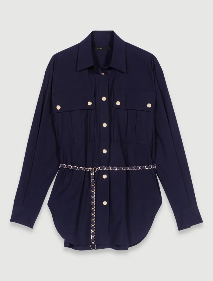 Tops and Shirts Women Maje Belted Long Shirt Navy