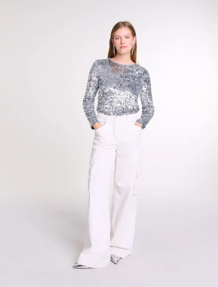 Tops and Shirts Women Maje LongSleeved Sequinned Top Silver