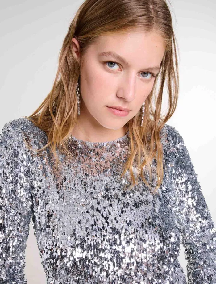 Tops and Shirts Women Maje LongSleeved Sequinned Top Silver