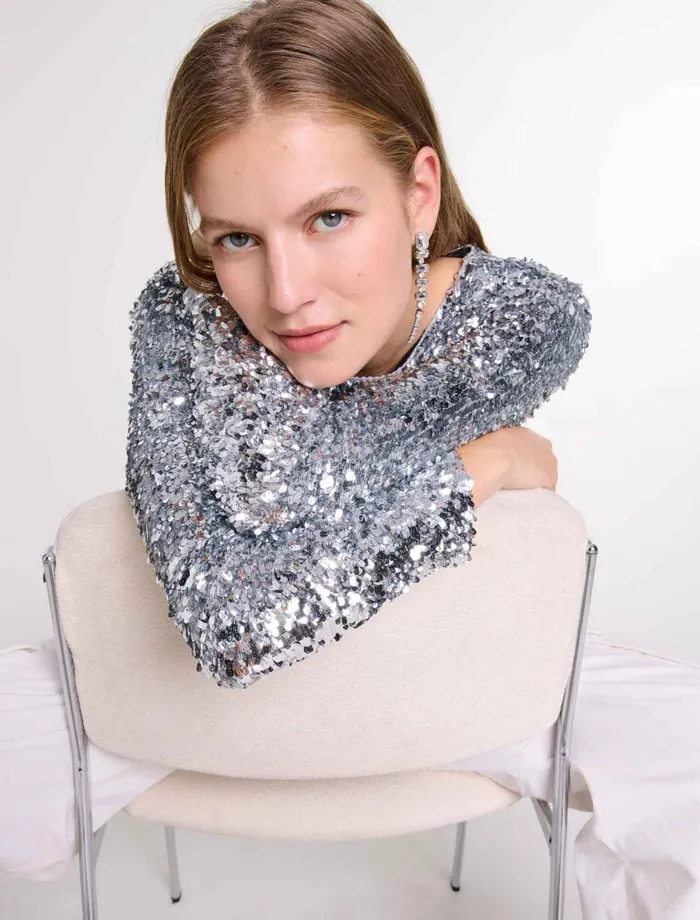 Tops and Shirts Women Maje LongSleeved Sequinned Top Silver