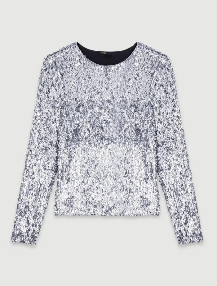 Tops and Shirts Women Maje LongSleeved Sequinned Top Silver